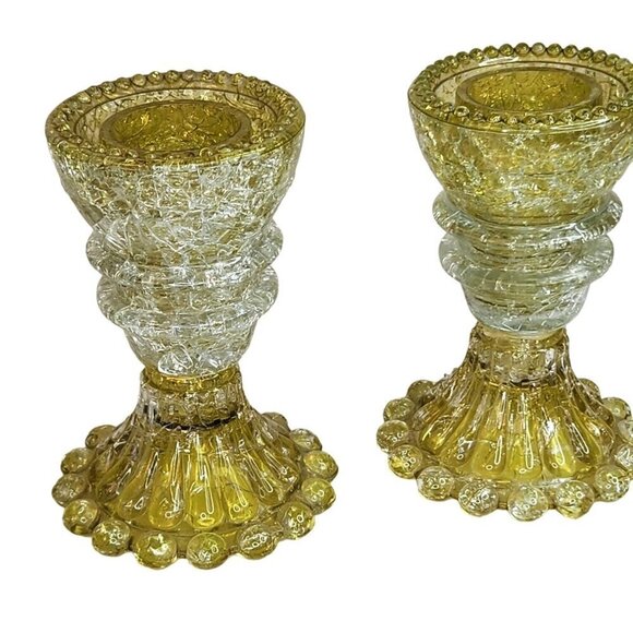 Vintage Crackle Glass Candle Holders - Pair Of Yellow Bubble Base Votive Holders - Picture 1 of 13